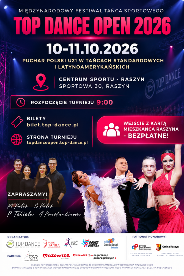 Top Dance Open 2026 - międzynarodowy turniej sportowego tańca towarzyskiego w Raszynie organizowany przez UKS Top Dance Pruszków